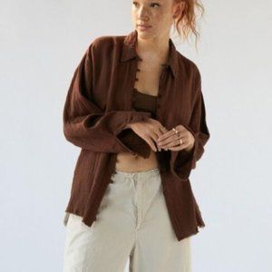 Urban Outfitters Addison Brown Gauze Oversized Button Front Shirt Top L